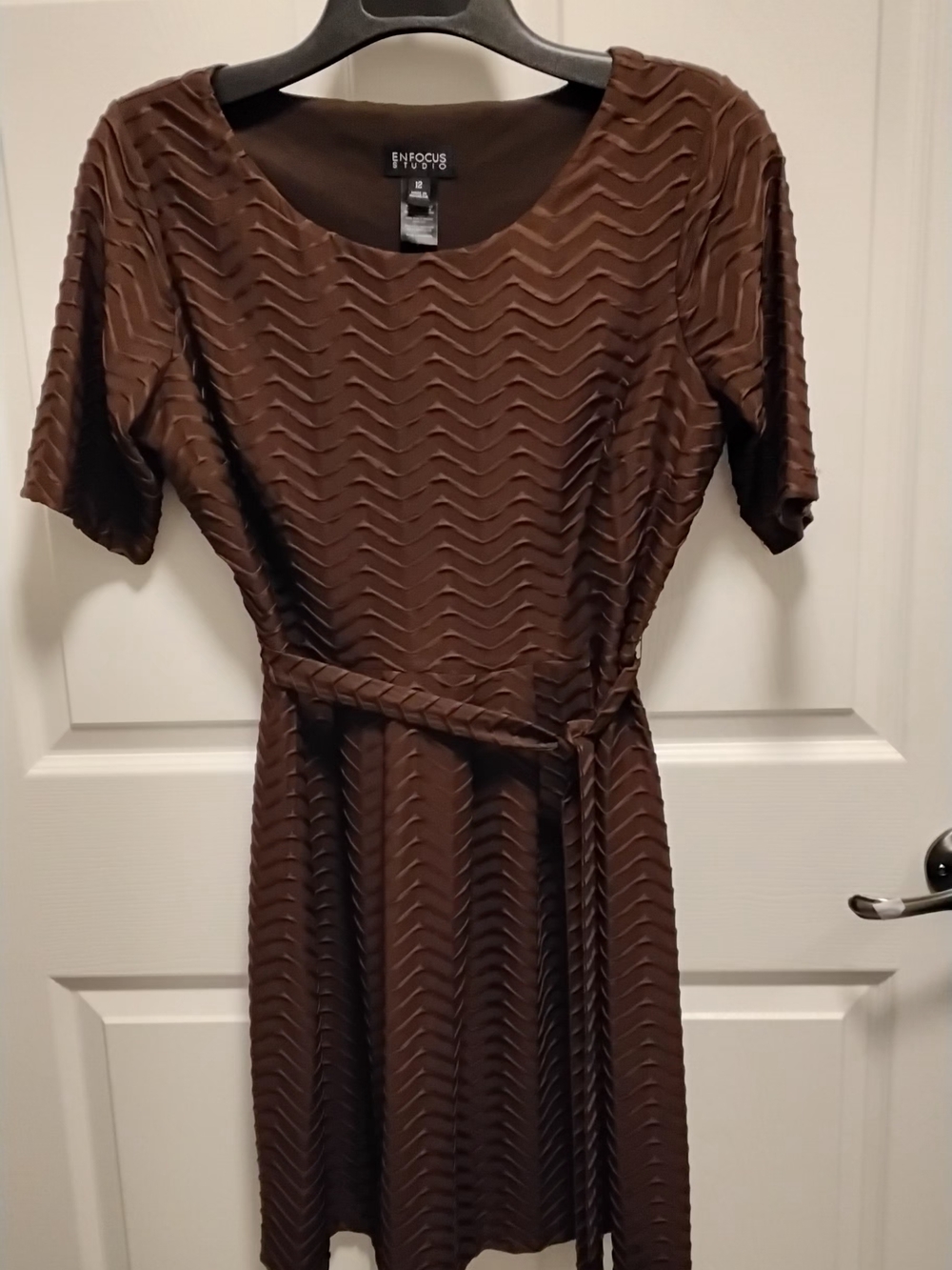 Enfocus Studio Chocolate Brown Textured Midi Dress with‎ Tie Waist
